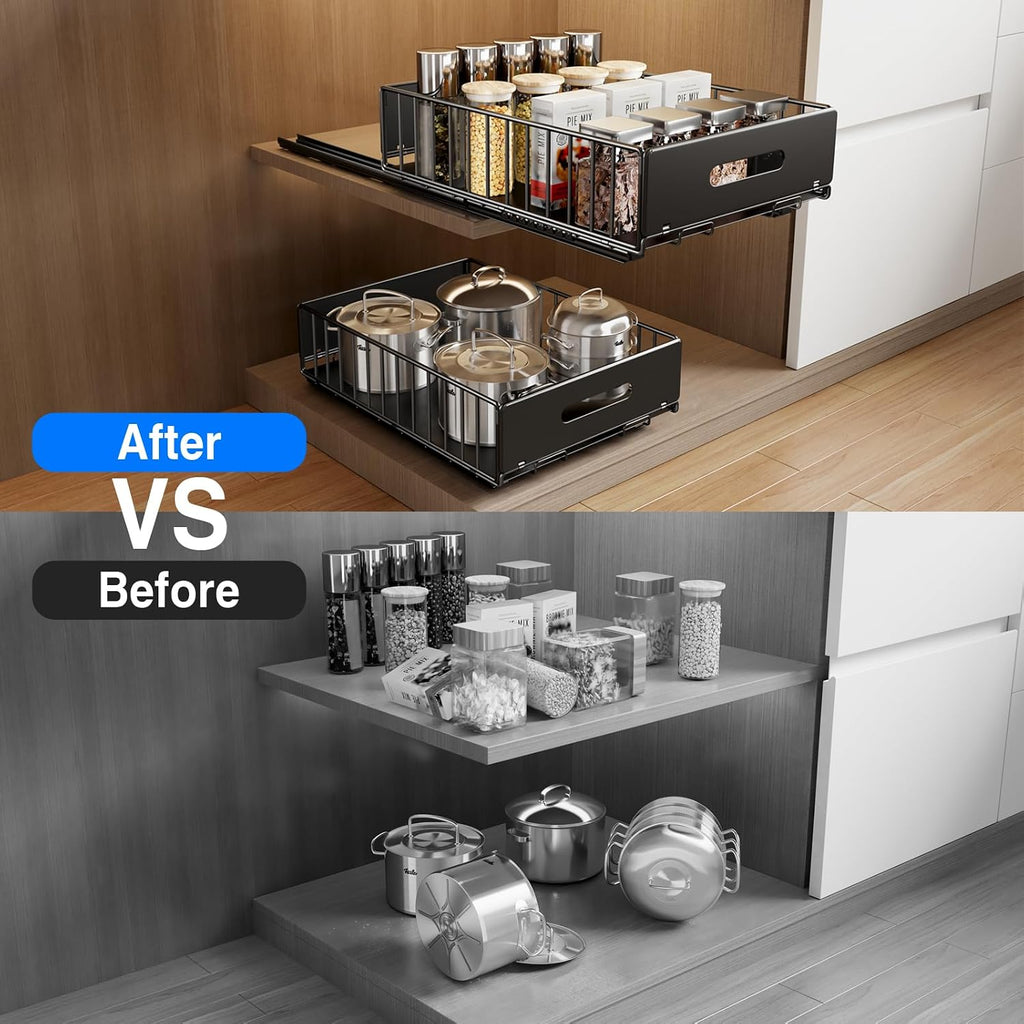 Mustorn 2 Pack Pull Out Cabinet Organizer, Slide Out Drawers for Cabinets, Peel and Stick, Heavy Duty Shelves for Kitchen, Cupboard, Pantry, Bathroom (16.5"D*11.8"W*3.94"H-Black)