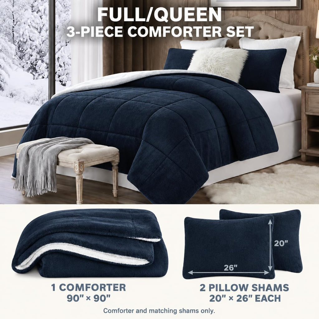 Swift Home Full/Queen Comforter Set, Reversible Faux Fur Sherpa, Navy