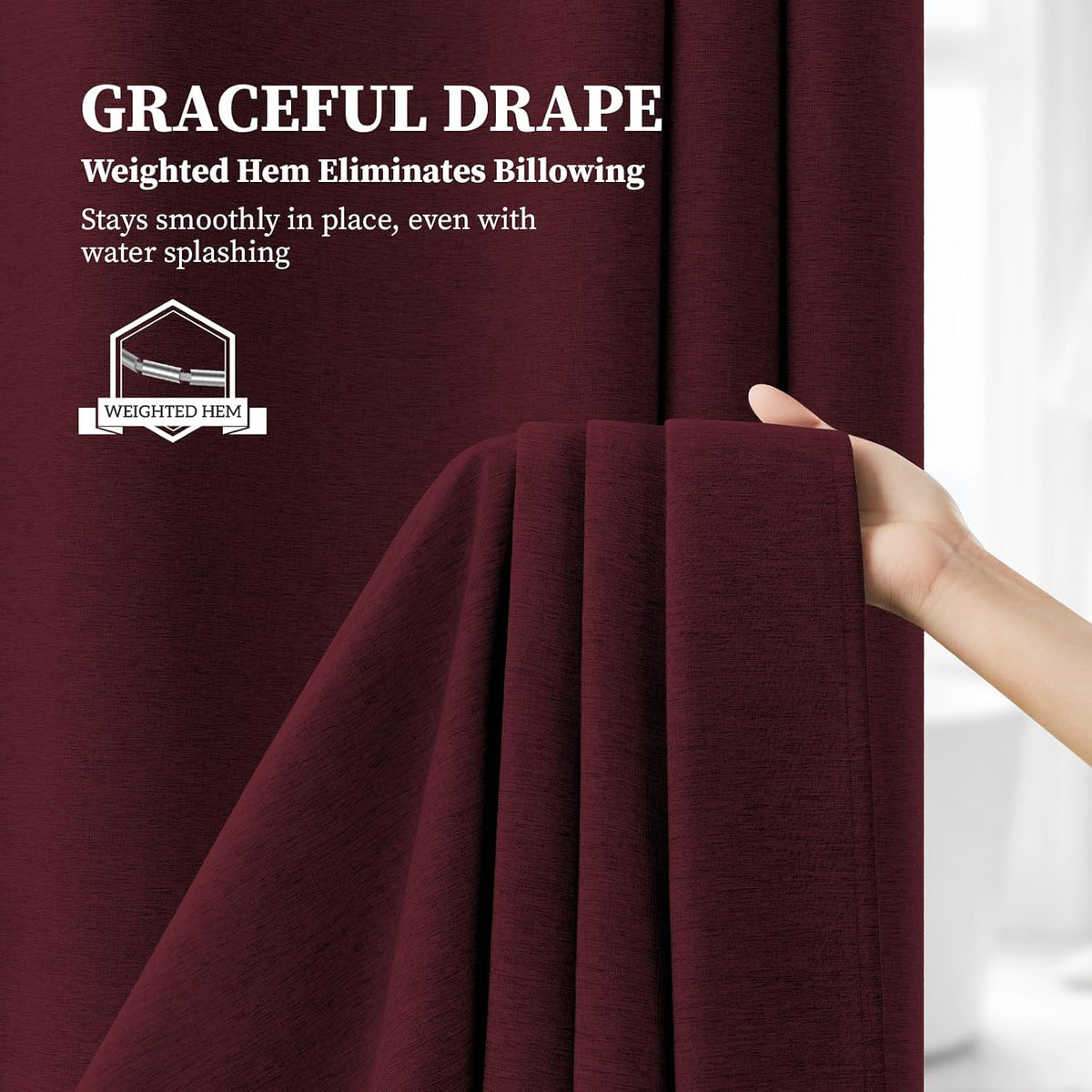 Burgundy Linen Textured Waterproof Fabric Shower Curtain Set, 72x72