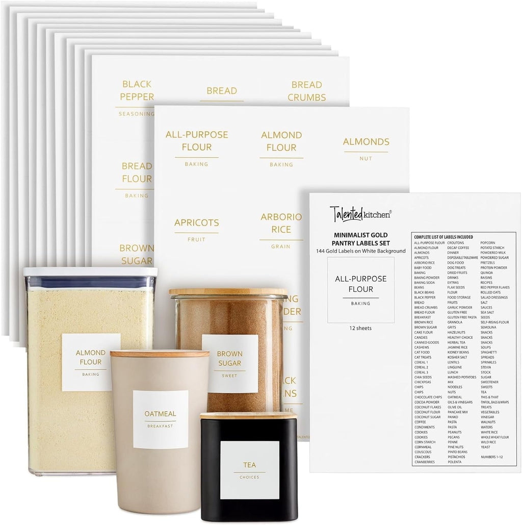 Talented Kitchen Labels for Storage Bins - Water-Resistant Food Container Stickers - Vinyl Jar Labels with Gold Text - Preprinted Pantry Container Stickers - 2.5 x 2.5 in, Pack of 144