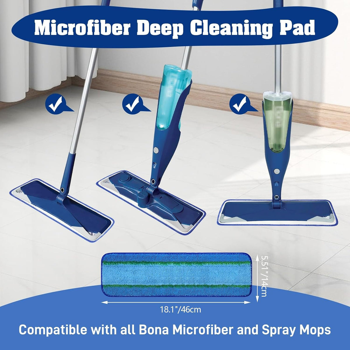 8 Pack 18Inch Deep Cleaning Replacement Pads Compatible with Bona Family of Mops, Premium Microfiber Floor Mop for Hardwood Floors and Multi-Surface Floor Cleaner