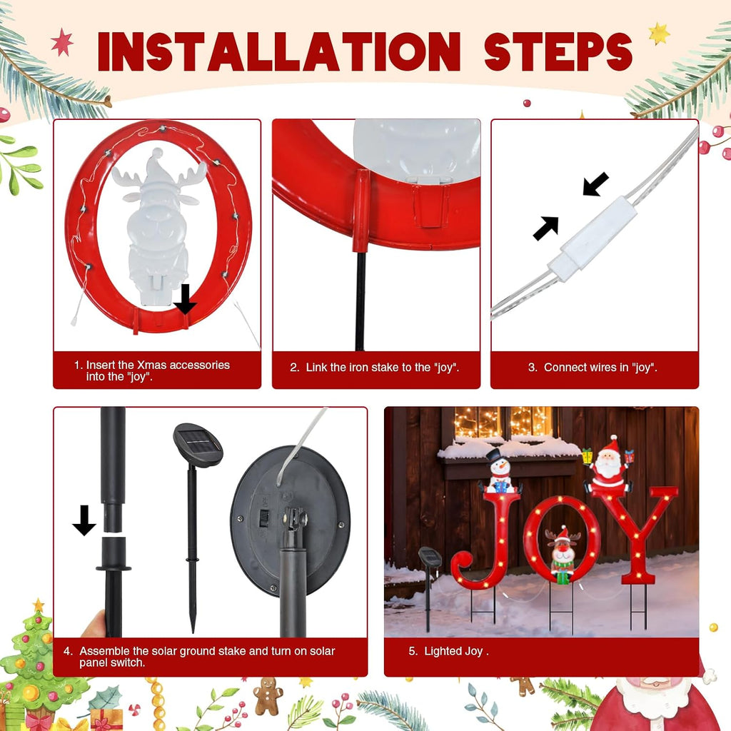 Christmas Decorations Outdoor, Solar Lighted Joy Snowman Reindeer Santa Claus Yard Sign Garden Stakes Xmas Holiday Decor for Patio Lawn Outside