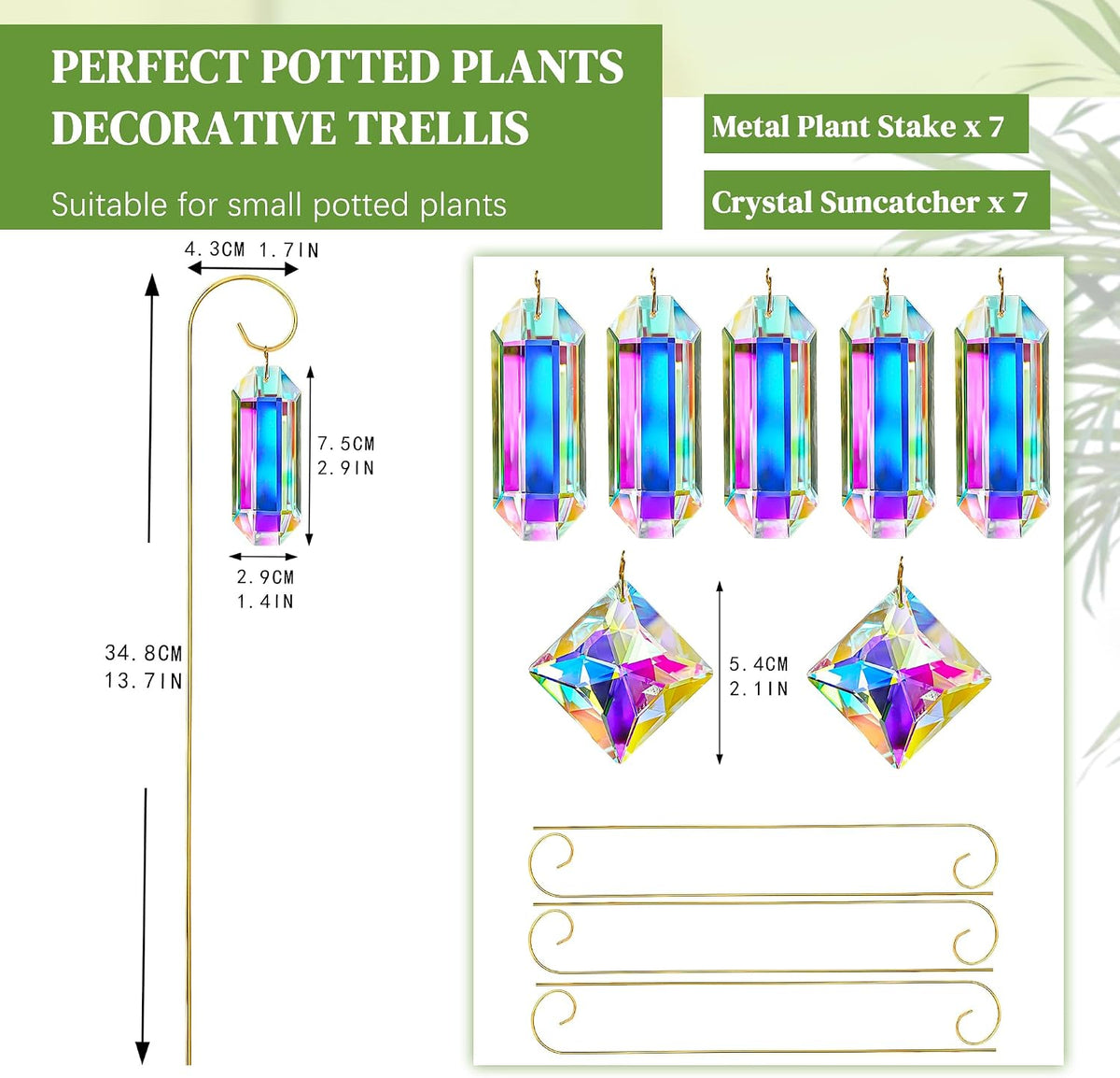 7 Pcs AB Colored Crystal Suncatcher Small Trellis Golden Plant Potted Stake