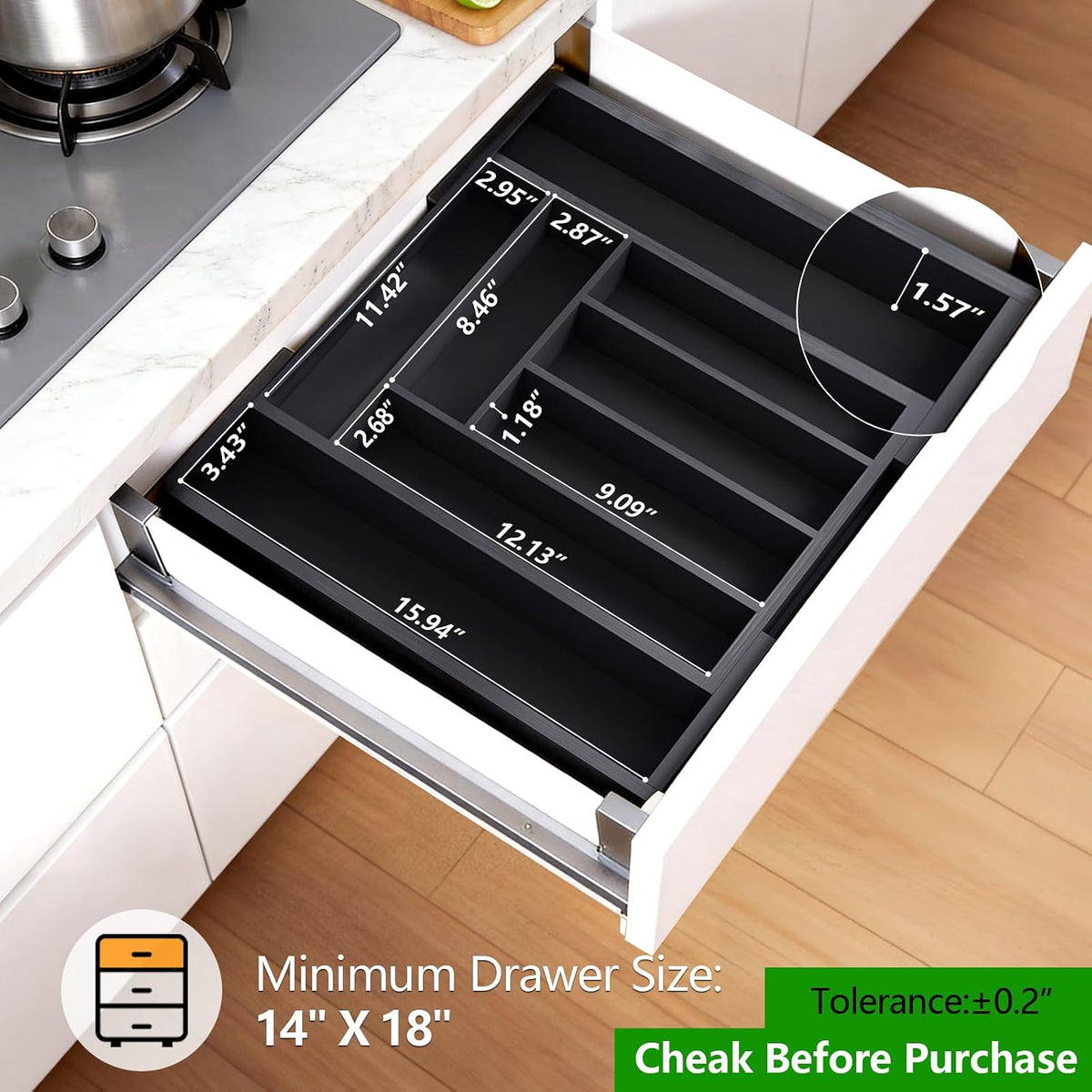 Pipishell Expandable Bamboo Silverware Drawer Organizer, Black, Large