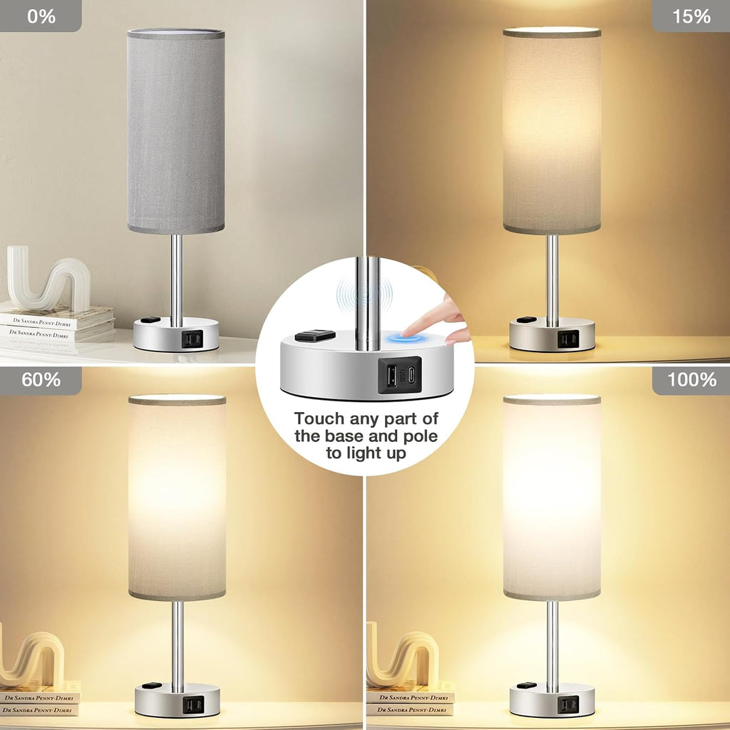 Fenmzee Grey Bedside Lamp for Bedroom, Dimmable Touch, USB A+C, AC Outlet