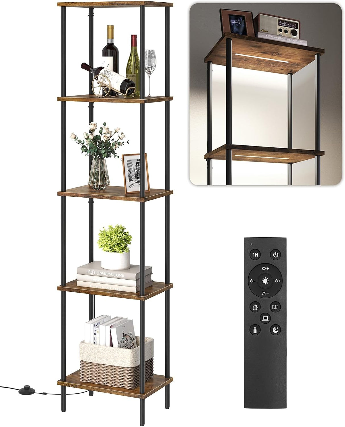Display Shelf with Light, 5-Tier Modern Shelf Lamp, Corner Floor Lamp with Shelves, Dimmable LED Floor Lamp for Living Room with Remote, 3CCT, Timer, Wooden Corner Shelf Lamp, F52LD05