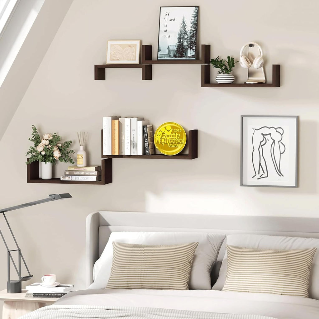 SRIWATANA Dark Walnut Floating Shelves, 5-Piece Set Wood Wall Storage Unit