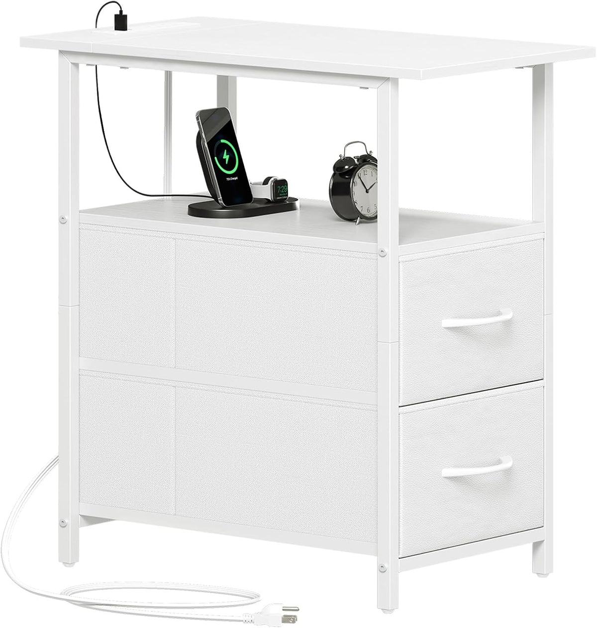 Somdot End Table Set of 2 with Charging Station, 2 Drawers, Slim Side Table
