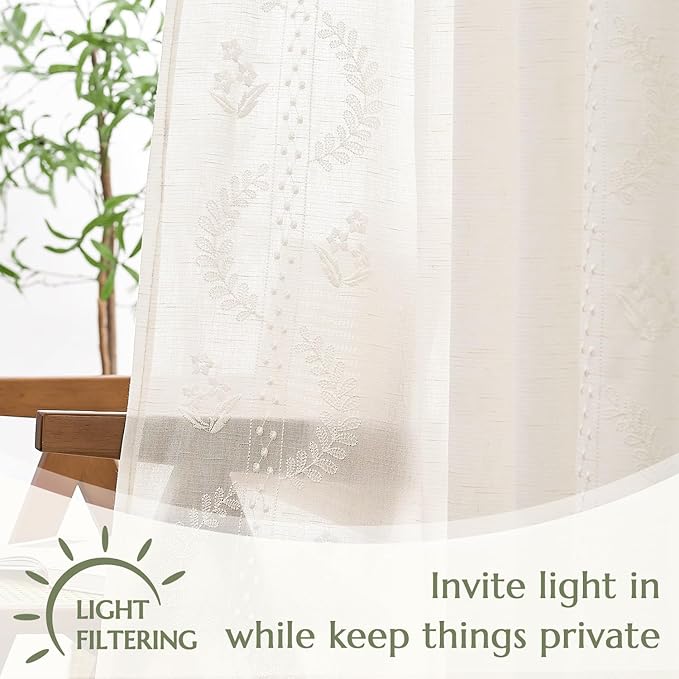 jinchan Belrose Linen Curtains for Bedroom Floral Curtains 63 Inch Length Linen - Image 5