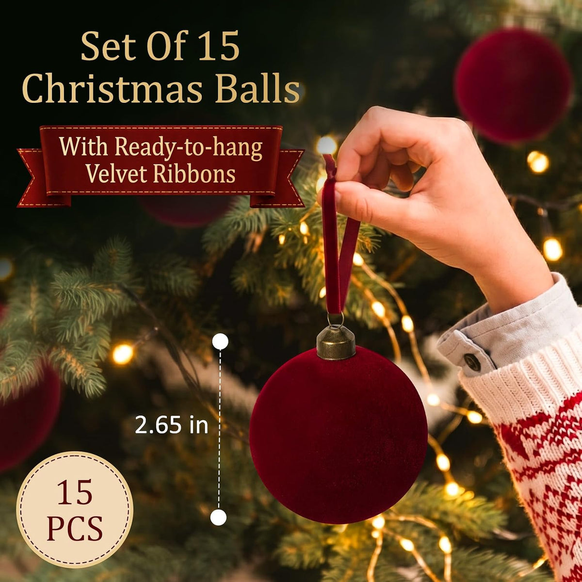 15 Pcs Burgundy Red Velvet Christmas Decorations Balls, 2.65 Inch Christmas Ornaments for Xmas Tree Decor, Dark Red Flocked Ball for Family Holiday Party Valentines Hanging Decoration