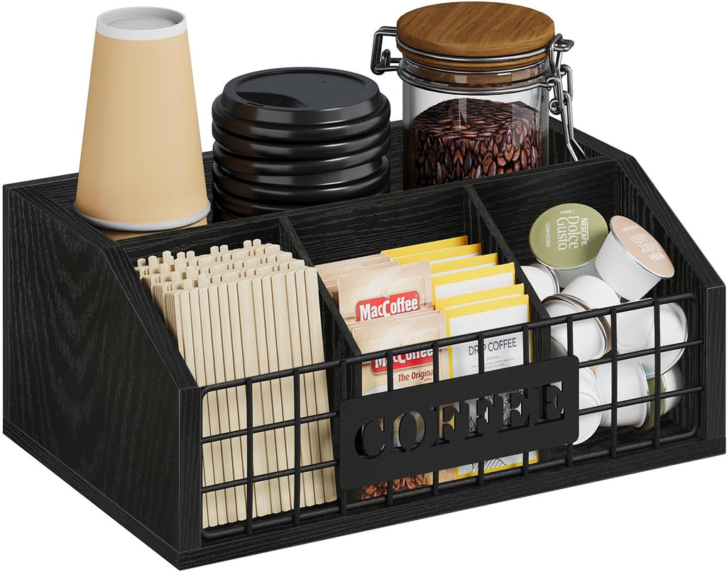 Coffee Station Organizer for Countertop, Wood Coffee Bar Organizer with Removable Dividers for Pods, Syrup, Cups, Stirrer, Tea - Office Bar Accessories, Iron Wire-Black