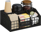 Coffee Station Organizer for Countertop, Wood Coffee Bar Organizer with Removable Dividers for Pods, Syrup, Cups, Stirrer, Tea - Office Bar Accessories, Iron Wire-Black