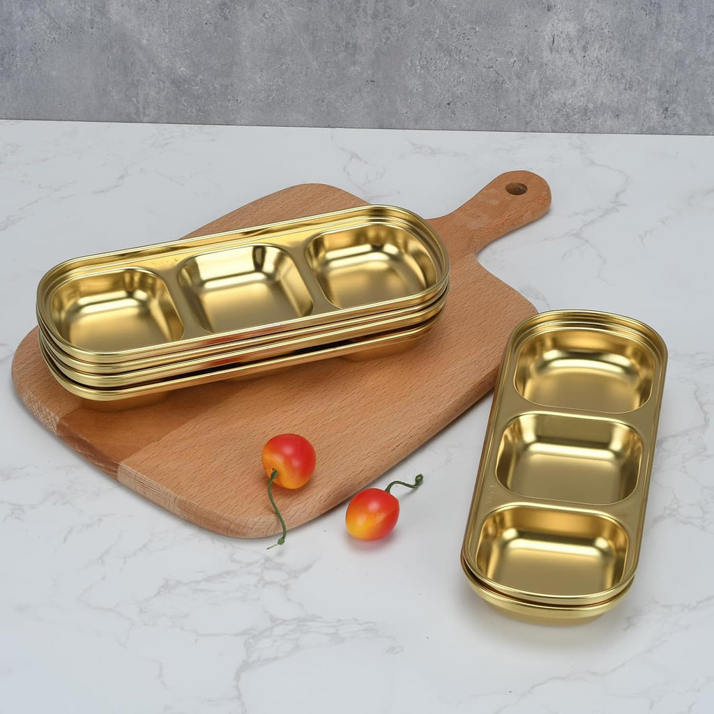 6 Pcs Soy Sauce Dish, Divided Dip Bowls with 3 Compartment, Seasoning Dipping Sauce Plate, Stainless Steel Serving Tray (Golden)