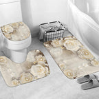 Chrainy 4pcs Beige Flowers Shower Cutain Bathroom Decor Sets with Rugs