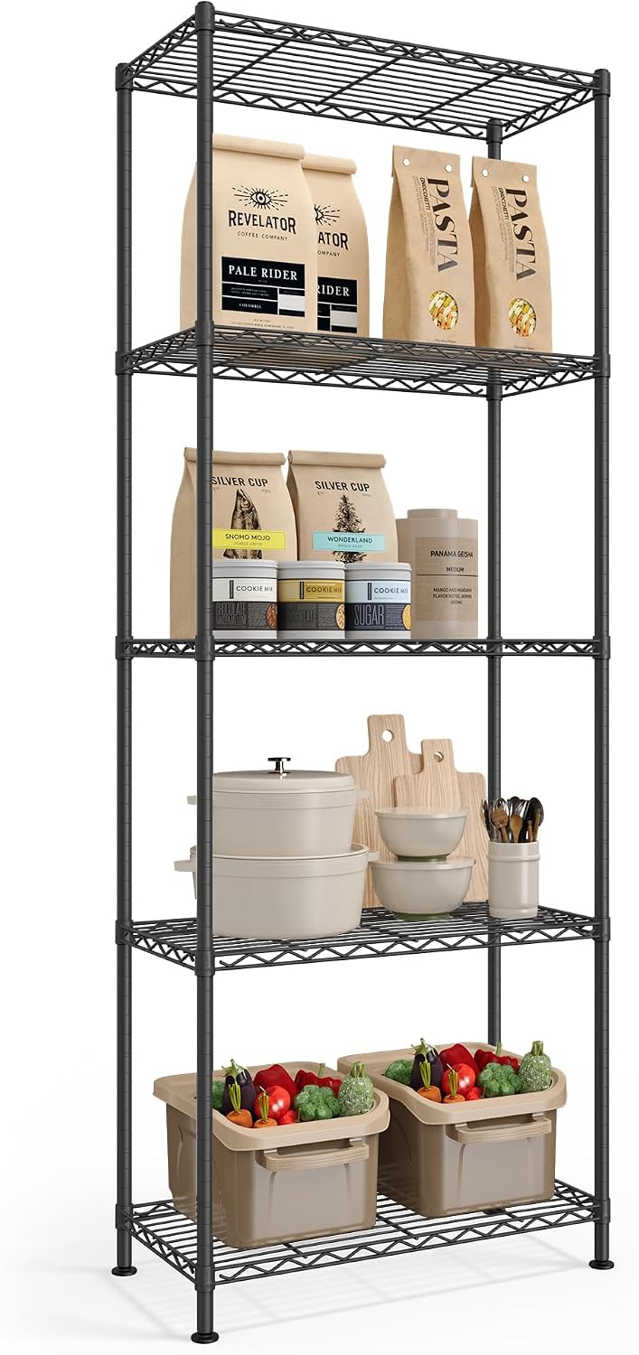 SONGMICS 3-Tier Storage Shelves, Adjustable Wire Shelving Unit, 8 Hooks