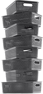 NETANY Plastic Storage Baskets - 8 Pack, Gray, Durable, Easy to Use, Flexible, Multi-Purpose, Ideal for Closets, Cabinets, Shelves, Countertops