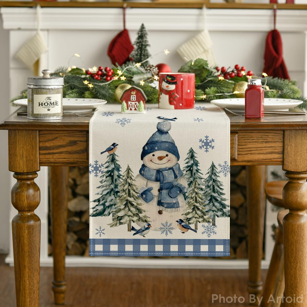 Artoid Mode Blue Snowman Winter Table Runner Home Party Decor 13x90 Inch