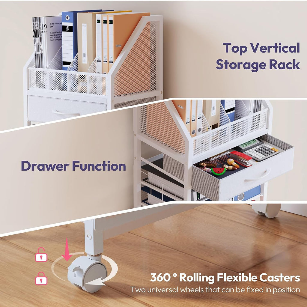 9-Tier Rolling File Cart - Paper Organizer with Drawer and Trays, Wood Desk Office Organizer, Office Organization and Binder Storage for Workspace, Home, School, White