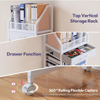 9-Tier Rolling File Cart - Paper Organizer with Drawer and Trays, Wood Desk Office Organizer, Office Organization and Binder Storage for Workspace, Home, School, White