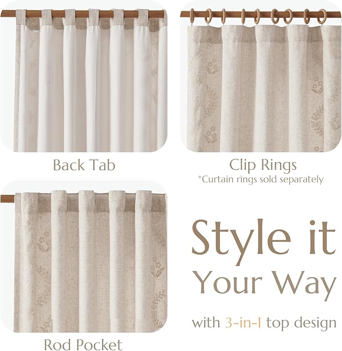 jinchan Belrose Lined Linen Blend Curtains Boho Floral Curtains - Image 7