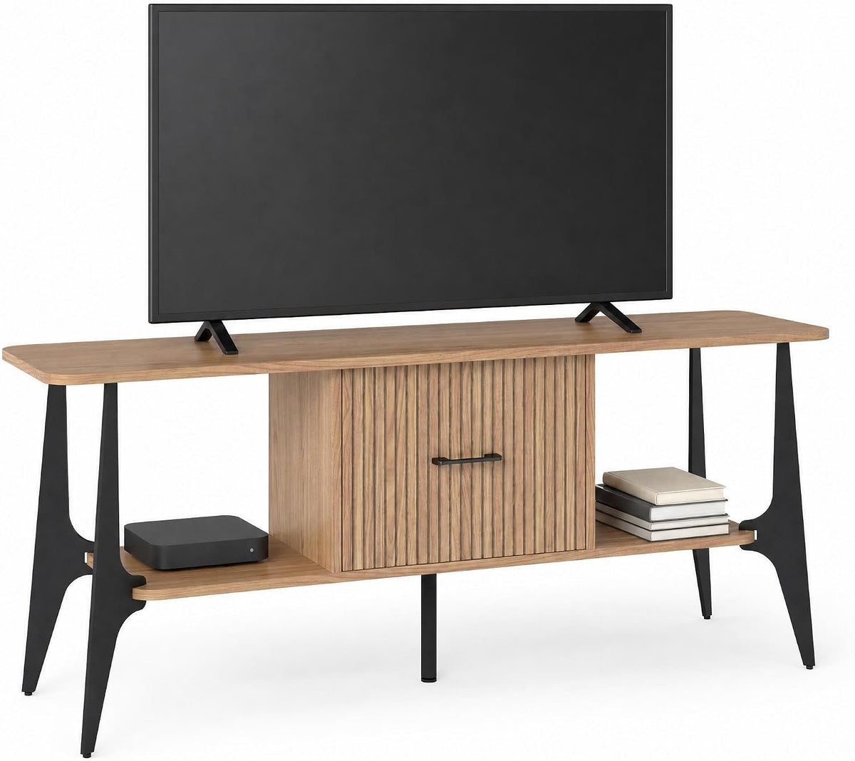MWOOD Modern TV Stand, Fluted Media Console with Storage, Open Shelves, Oak