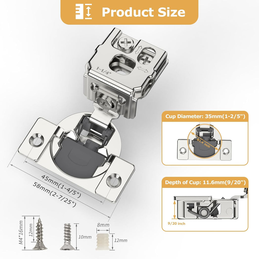FURNIWARE 10 Pieces Soft Closing Cabinet Hinges, 1-1/4 inch Overlay Cabinet Hardware Hinges Nickel Plated- 105 Degree