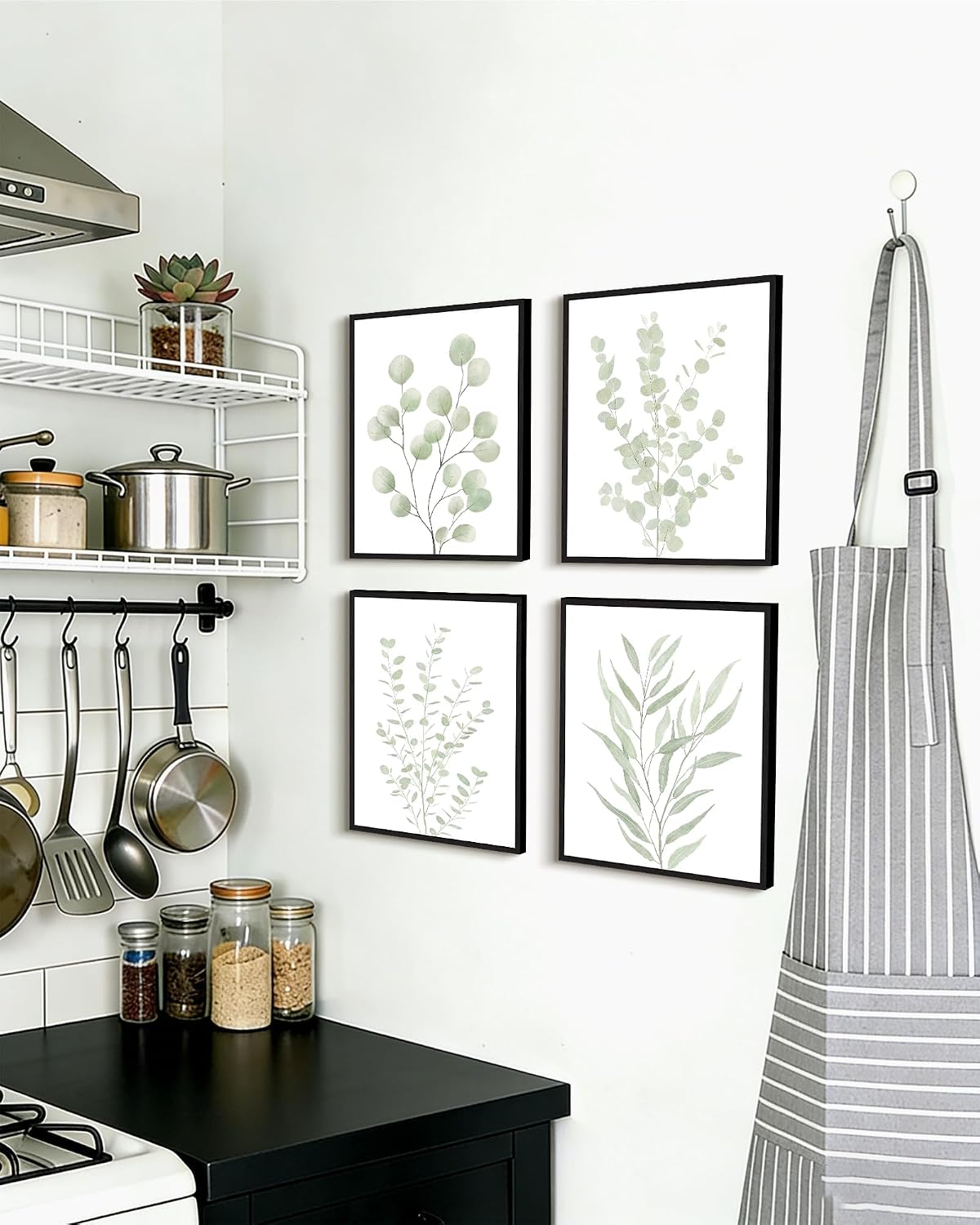 Drsoum Botanical Plant Framed Wall Art Boho Wall Decor for Bathroom Sage Green Eucalyptus Leaf Prints Minimalist Aesthetic Ready to Hang Set of 4, 8x10 in (Black Framed)