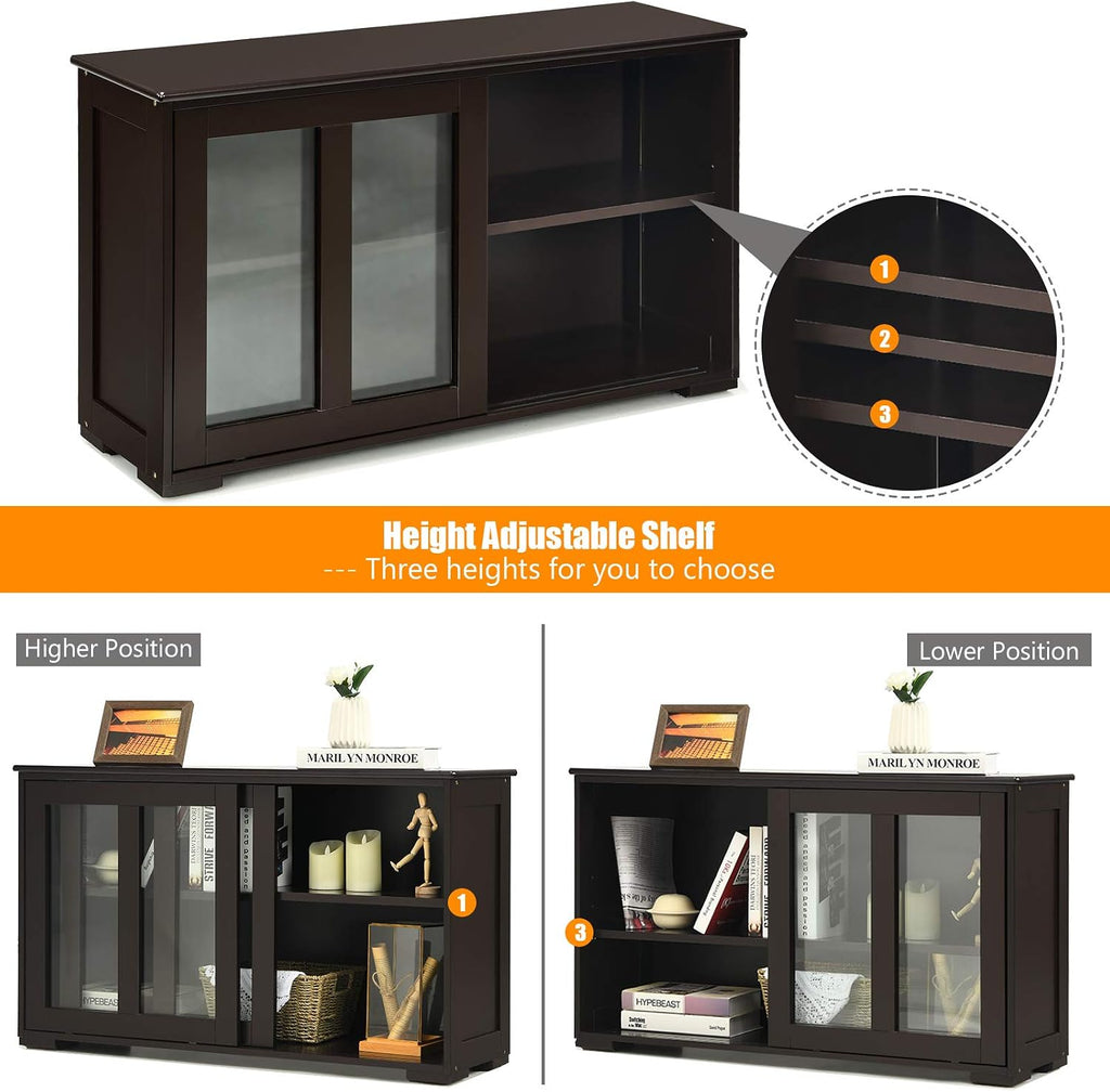 Byroce Sideboard Buffet Cabinet, Stackable Storage Coffee Bar Cabinet with Adjustable Shelf & Glass Sliding Doors, Wood Cupboard Credenza Console Table for Kitchen Dining Living Room (1, Coffee)