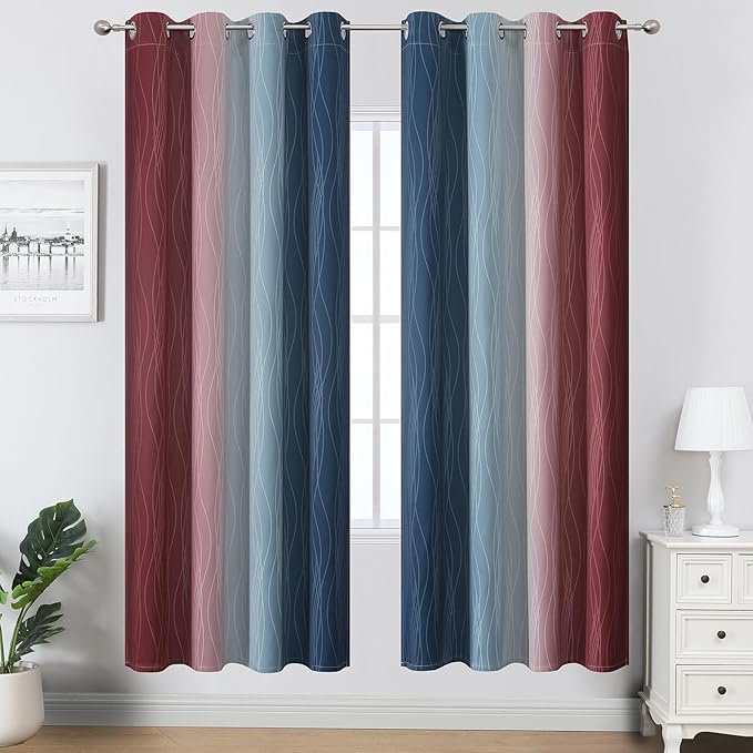 Estelar Textiler Navy Blue and Burgundy Red Ombre Blackout Curtains - Image 2