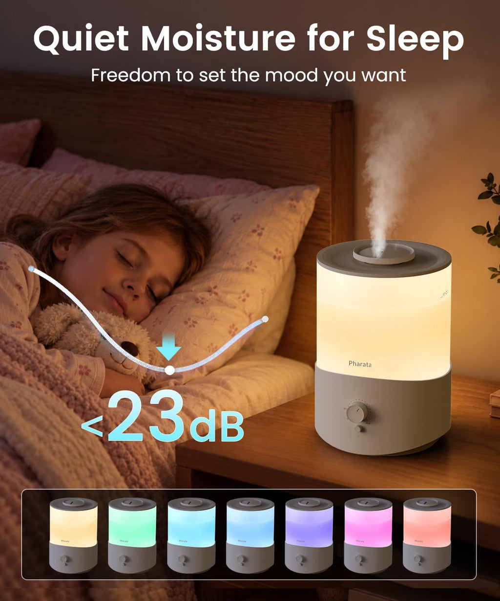 Pharata Humidifiers for Bedroom Large Room, 2.5L Cool Mist Humidifier with Essential Oil Diffuser, Top Fill Humidifier for Baby, Home, Plant, Ultrasonic Humidification for whole house, Auto Shut-Off