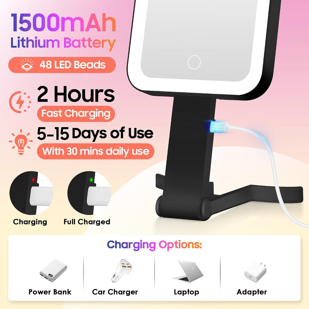 GOMIPURU Magnifying Travel Mirror with Light, 30X/1X Double-Sided Magnifying Mirror with 3 Color Lights, Brightness Adjustable, Foldable Handheld Makeup Mirrors Portable for Travel and Desktop, Dark