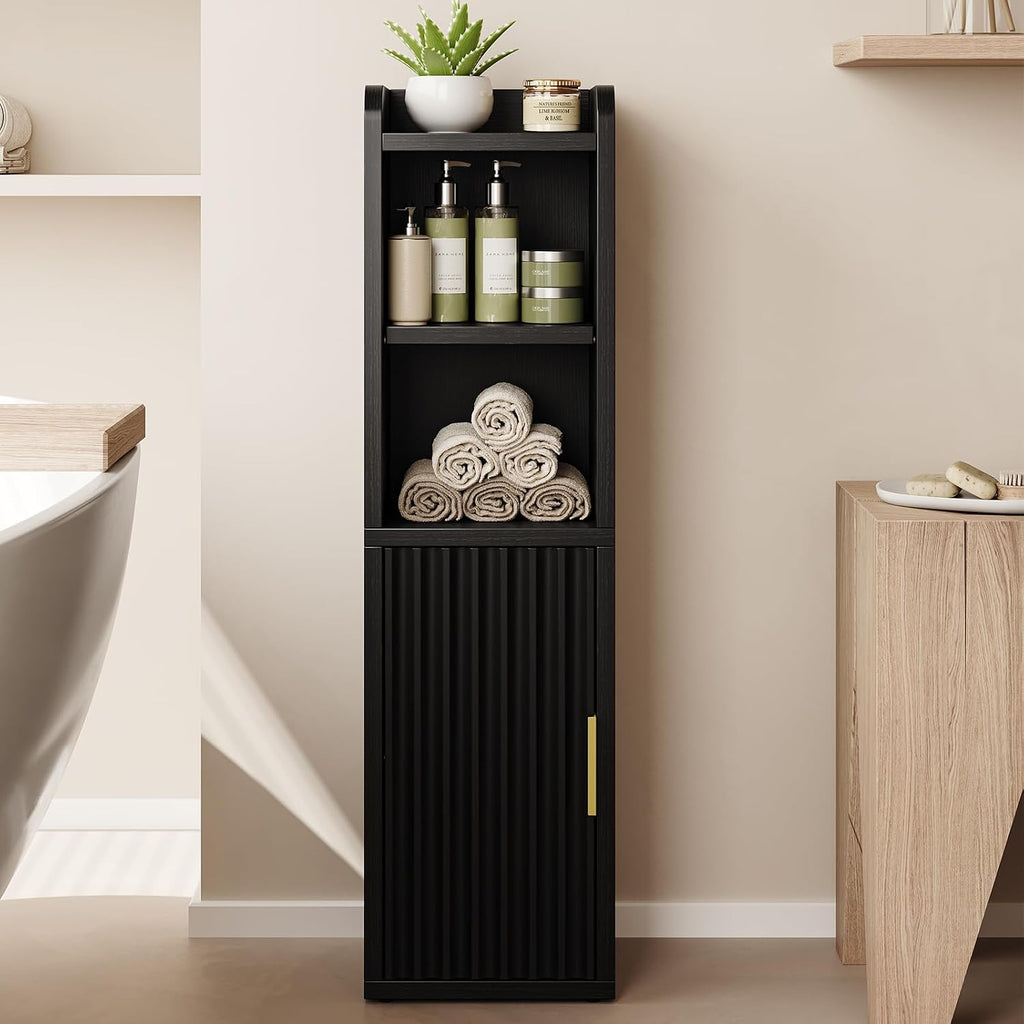 Yoobure Fluted Small Bathroom Storage Cabinet, Narrow Paper Cabinet, Black