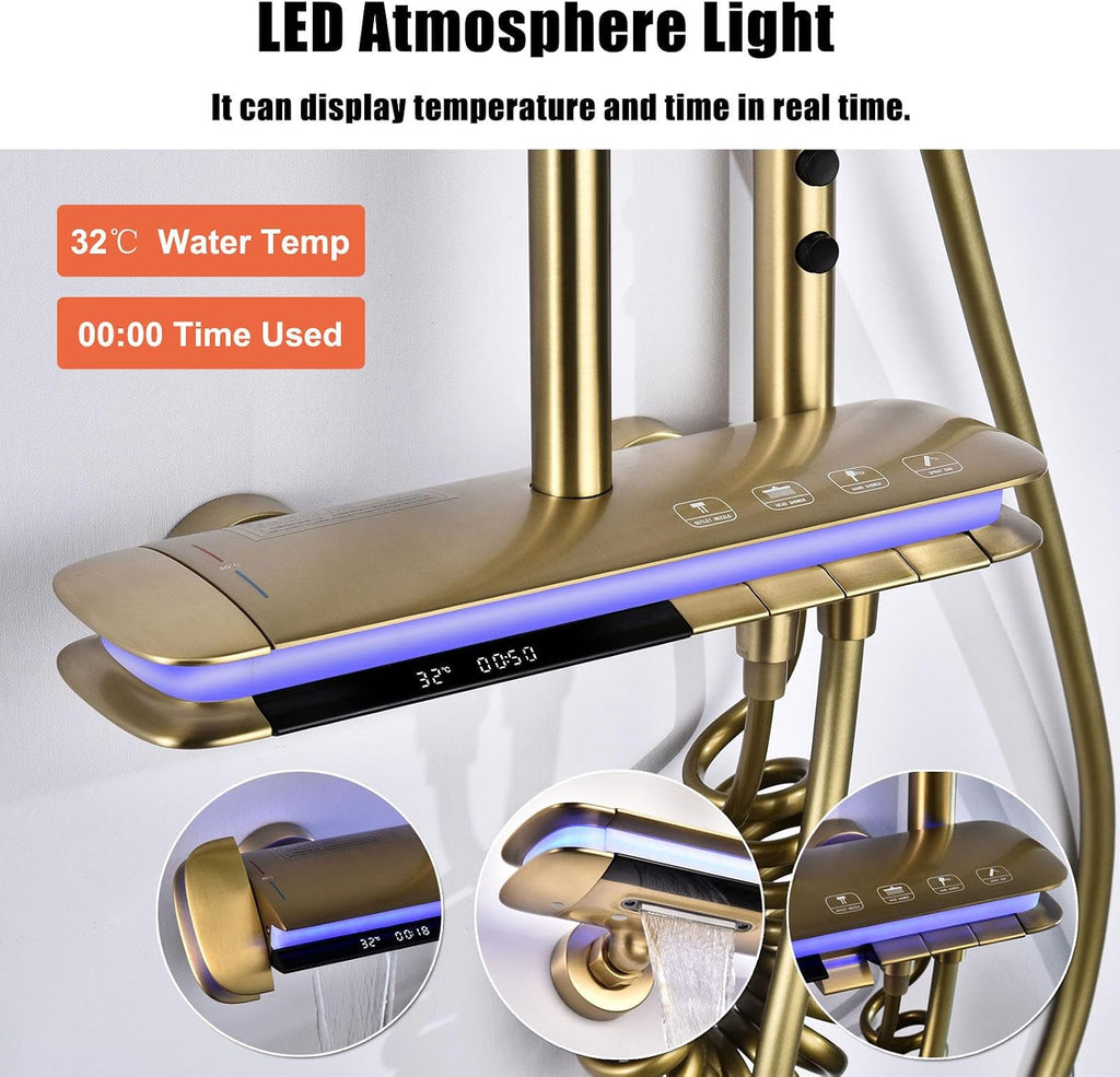 BEITH Thermostatic Shower System, 4 Piano Keys UFO Shower Faucet Set, 31x20cm Square Shower Set, Digital Display, 360° LED Ambient Light, Hydroelectric Power, with Bathtub Faucet (Brushed Gold)