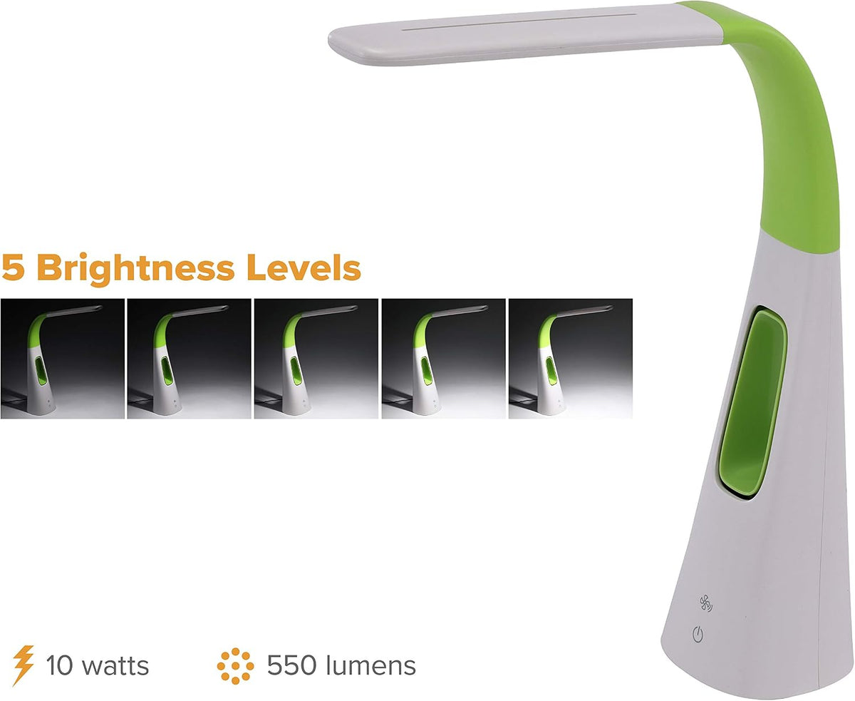 PureOptics LED VLED1603LM Desk Lamp with Bladeless Fan, Dimmable, Adjustable Neck, Lime Green
