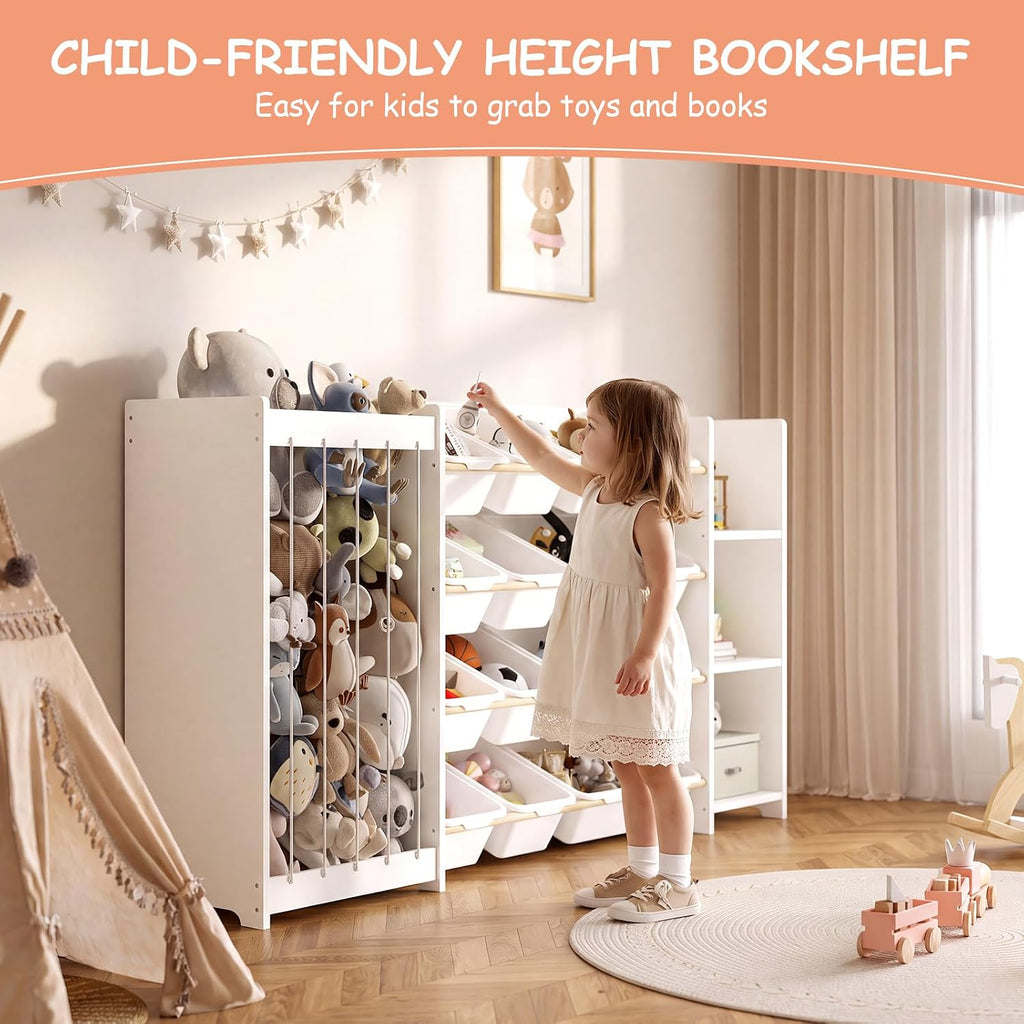 3-in-1 Kids Toy Storage Organizer, White Solid Wood, White Bins