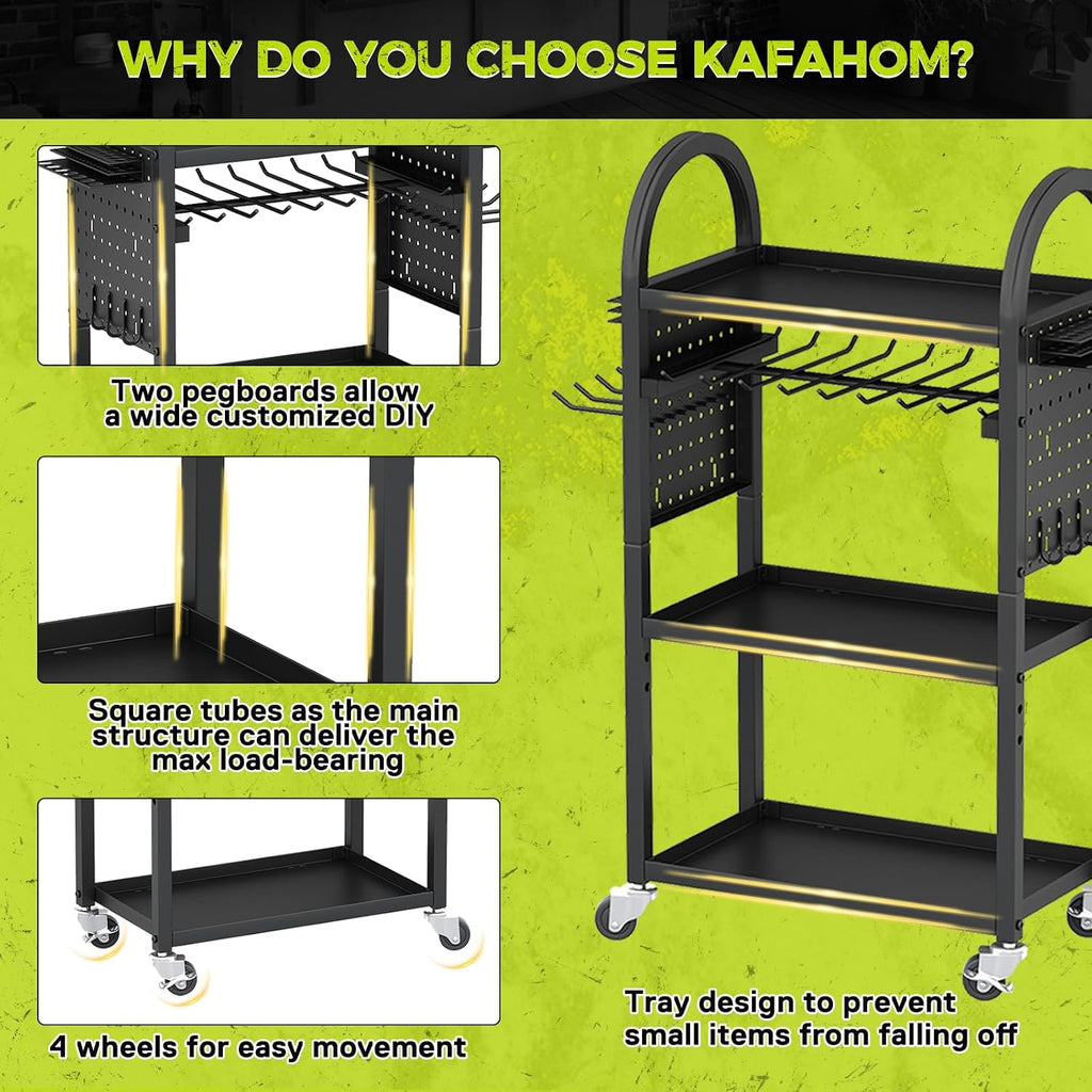 KAFAHOM Power Tool Organizer Cart with Charging Station,Garage Floor Rolling Storage on Wheels for Mechanic,Mobile 8 Drill Holder, Utility Cart with Battery Charging 8 Outlet Power Strip