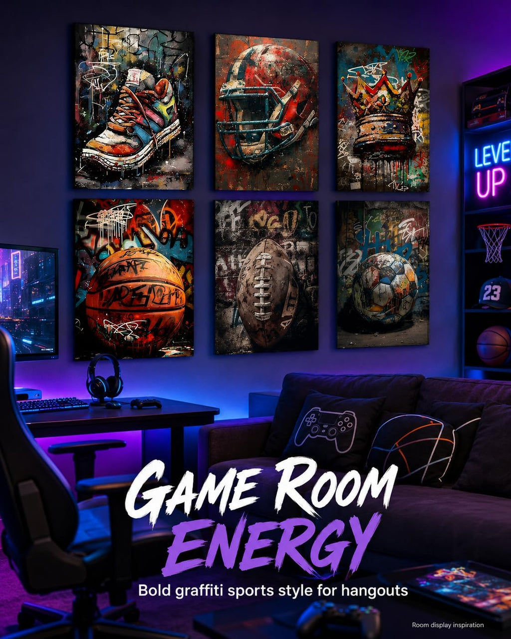 Sports Graffiti Wall Art, Basketball Football Wall Decor, Set of 6,8x10 in