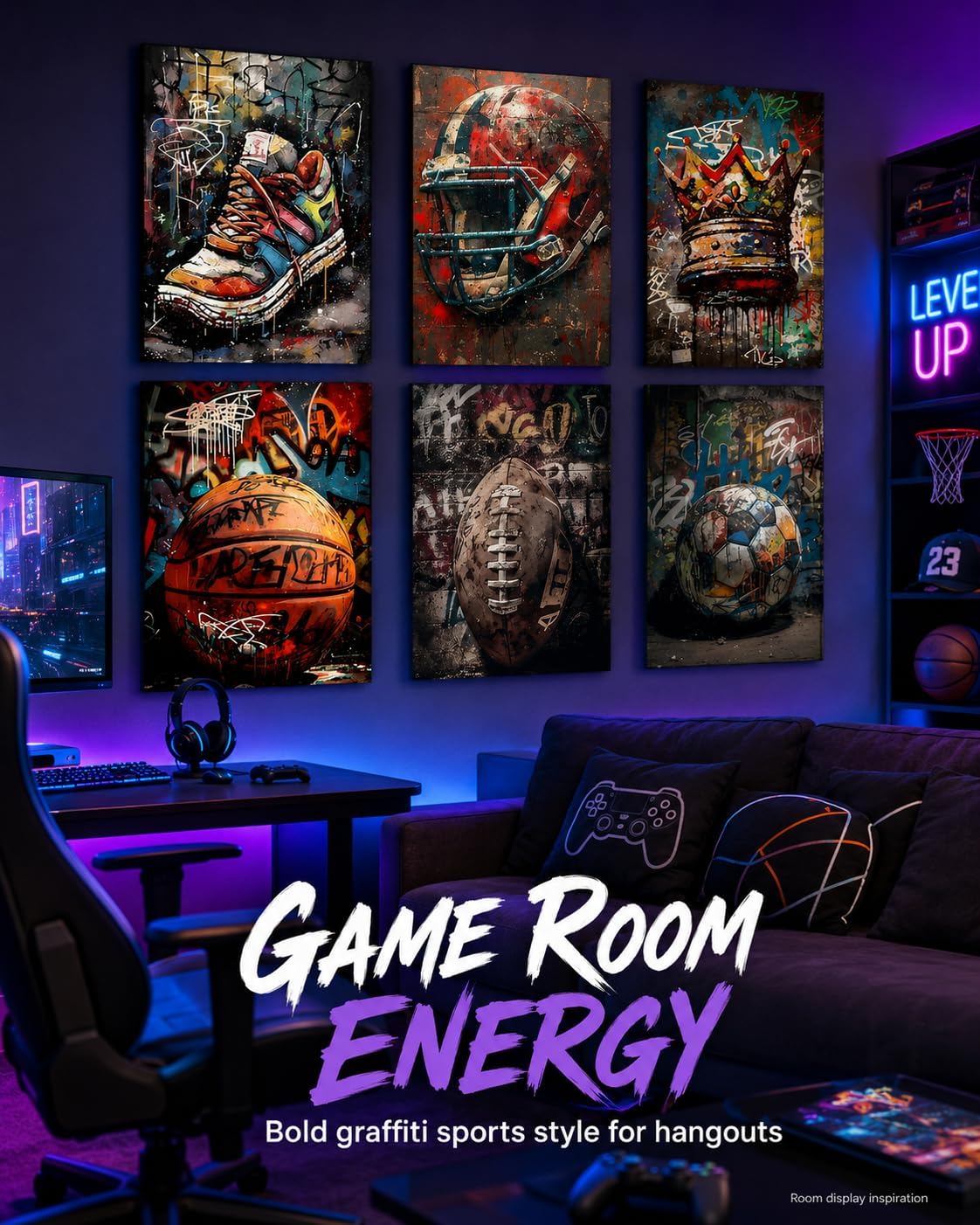 Sports Graffiti Wall Art, Basketball Football Wall Decor, Set of 6,8x10 in