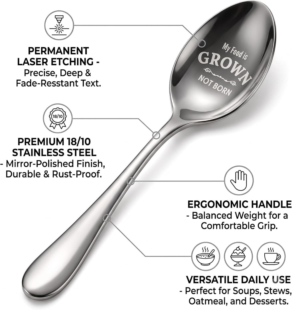 Spoons Silverware, Stainless Steel Coffee Spoons with My Food Is Grown Not Born Design, Reusable Decorative Spoon for Coffee, Tea, Desserts, Breakfast, Dining & Gifting