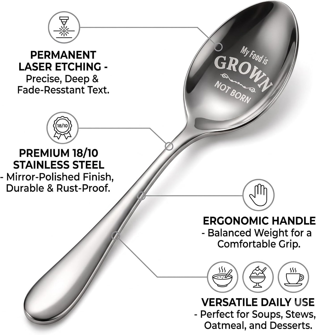 Spoons Silverware, Stainless Steel Coffee Spoons with My Food Is Grown Not Born Design, Reusable Decorative Spoon for Coffee, Tea, Desserts, Breakfast, Dining & Gifting
