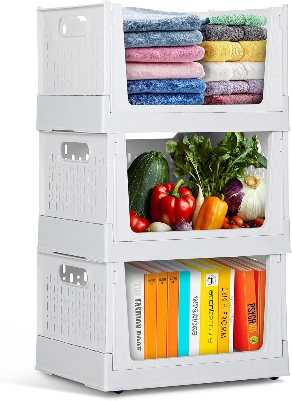 Skywin Foldable Stackable Storage Bins with Wheels, 3 Pack - Ivory