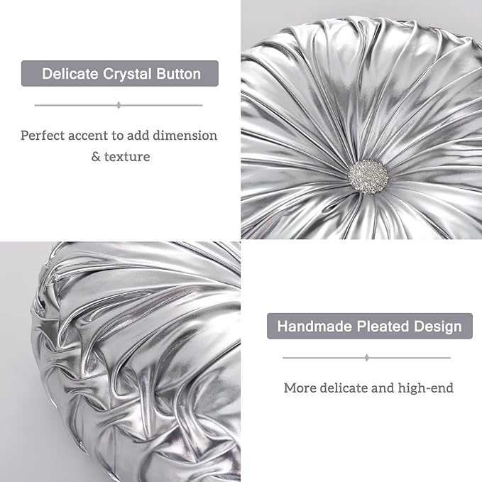 HIG Set of 2 Handcrafted Silver Ruched Round Throw Pillows – 14.5’’ Metallic - Image 4