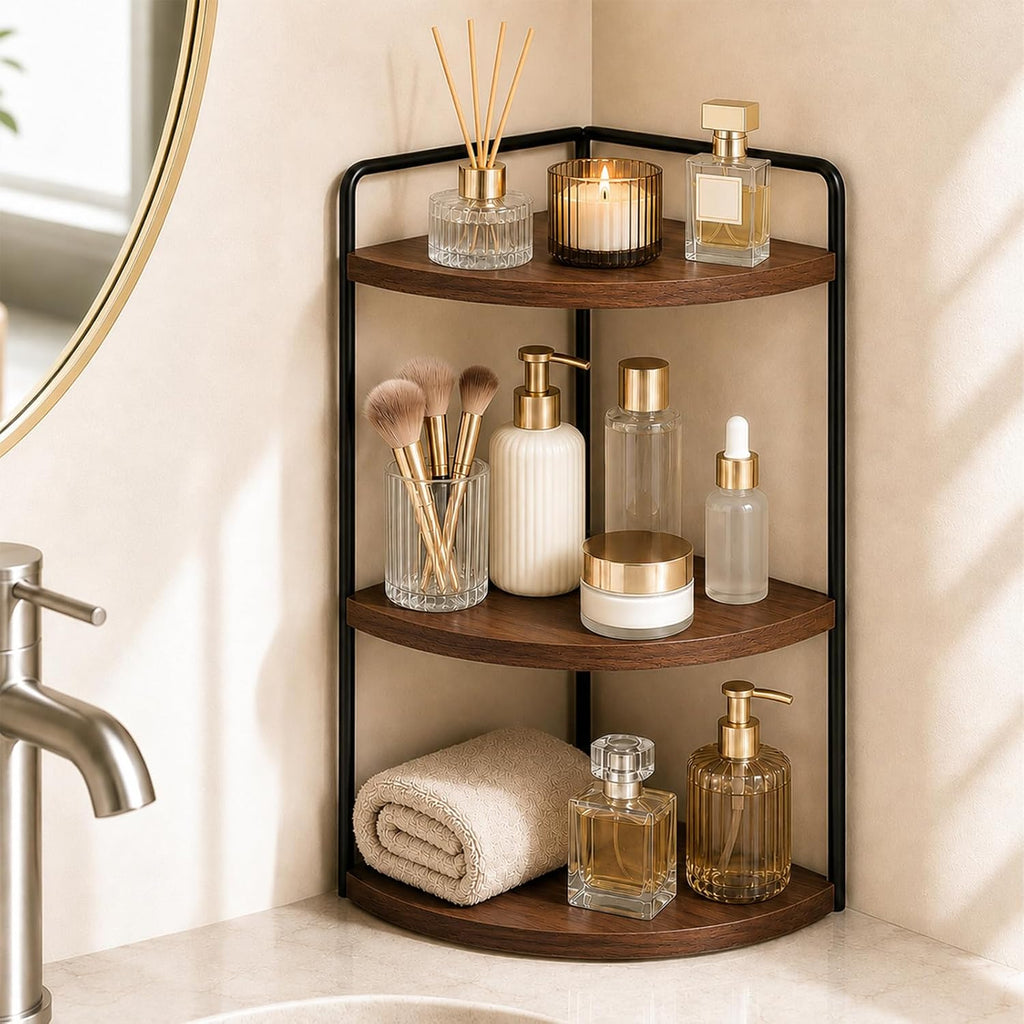 3-Tier Corner Bathroom Counter Organizer, Pine Vanity Shelf, Warm Walnut