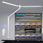 Airlonv LED Desk Lamp, Double Swing Arm Wide Lighting Area Desk Lamps for Home Office with Stepless Dimming, Eye-Caring Architect Desk Light with Clamp for Reading, Study, Workbench, Drafting(White)