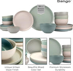 Sango 16-Piece Stoneware Dinnerware Set for 4, Satin Glazed Plates and Bowls Sets with Matte Finish, Ceramic Dish Set, Durable Kitchen Dishes, Microwave & Dishwasher Safe Dining, Rollo Artist's Blend