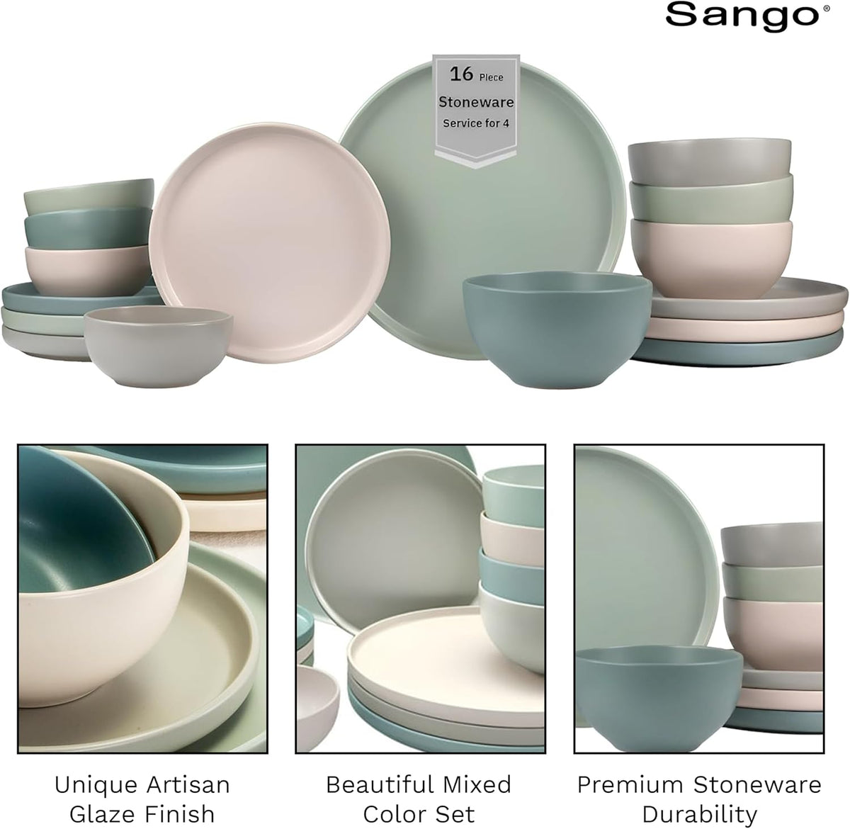 Sango 16-Piece Stoneware Dinnerware Set for 4, Satin Glazed Plates and Bowls Sets with Matte Finish, Ceramic Dish Set, Durable Kitchen Dishes, Microwave & Dishwasher Safe Dining, Rollo Artist's Blend