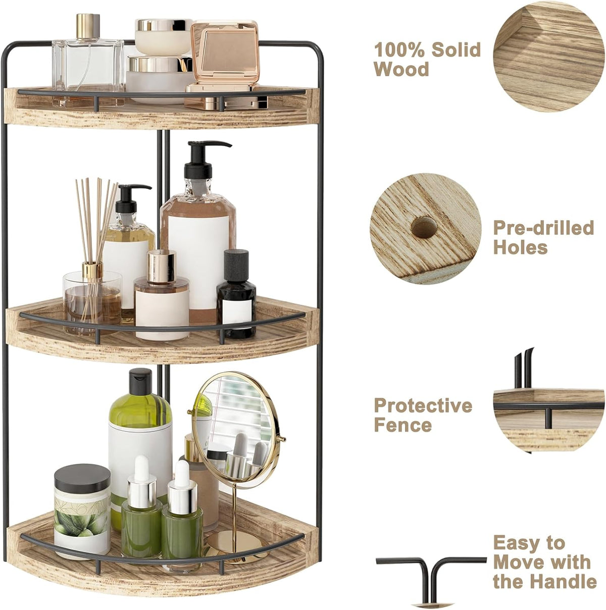 Fixwal 3 Tier Corner Bathroom Countertop Organizer Vanity Shelf Light Brown