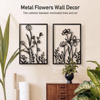 Black Metal Botanical Wall Art, Boho Farmhouse Flower Bathroom Wall Decor