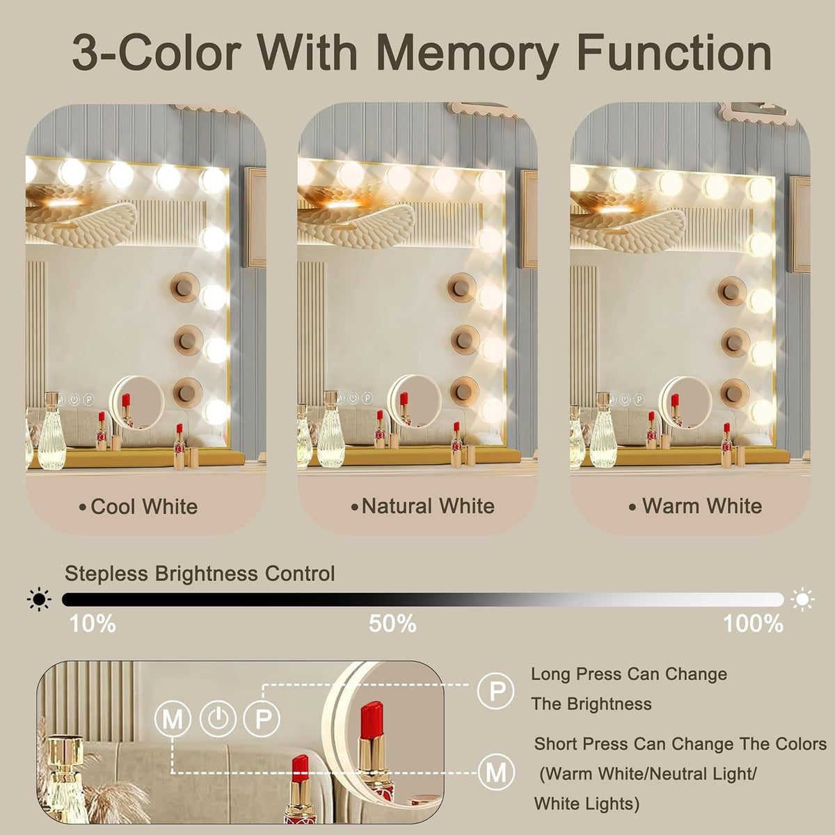 Ratsamee Gold Hollywood Vanity Mirror with Lights, 15 Dimmable Bulbs, 3 Color Lights,Make Up Lighted Mirror, Aluminum Metal Frame, USB Charging Port（23" x 18"）