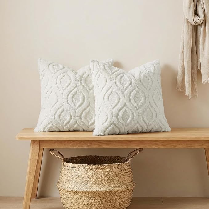 decorUhome Throw Pillow Covers 16x16 Inch Set of 2, Soft Plush Faux Wool Cream - Image 4